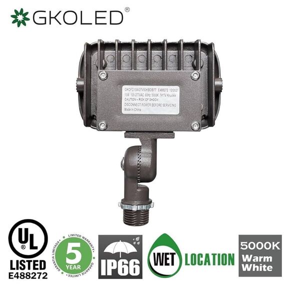 GKOLED 15W LED Floodlight, Outdoor Security, 1500 Lumens, 50W MH, 5000K Day Wht - Picture 4 of 16